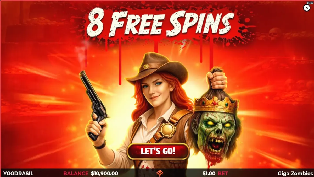 Cena de jogo do slot Giga Zombies com zumbis e elementos de faroeste
