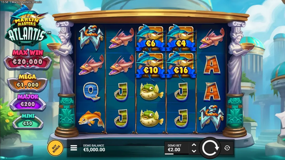 Marlin Masters Atlantis slot com pescador e cenário de Atlântida
