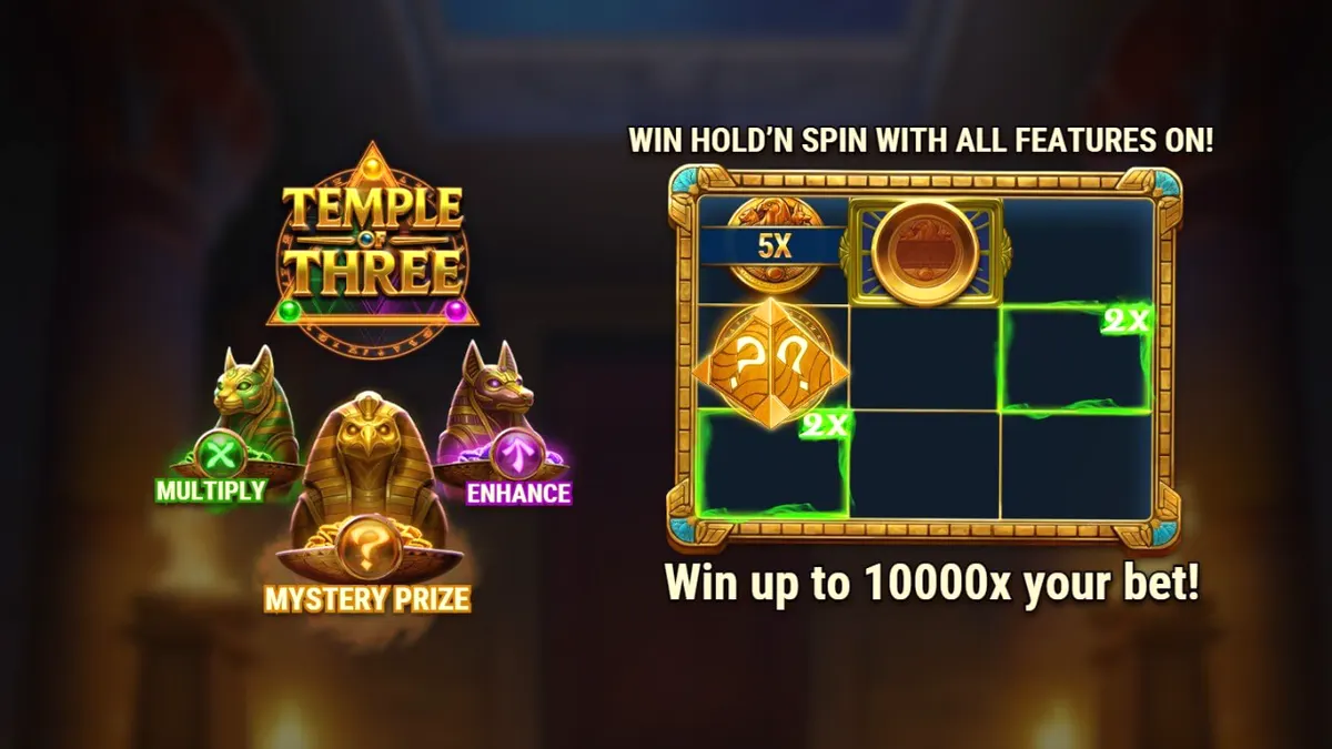 Interface do slot Temple of Three com estátuas de divindades egípcias