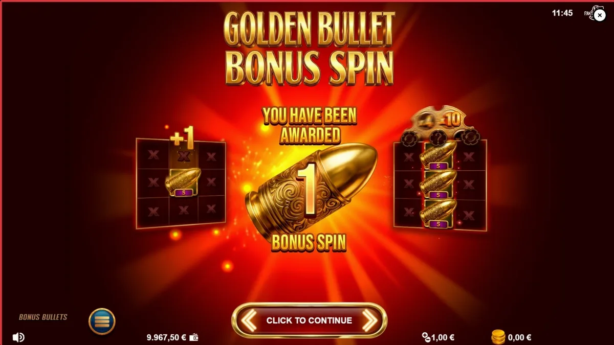 Interface do slot Bonus Bullets com tema noir e revólver dourado